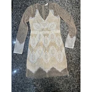 NEW LUXXEL Love Lace Mesh Dress Womens L White & Beige Sheer Slip On Mini
